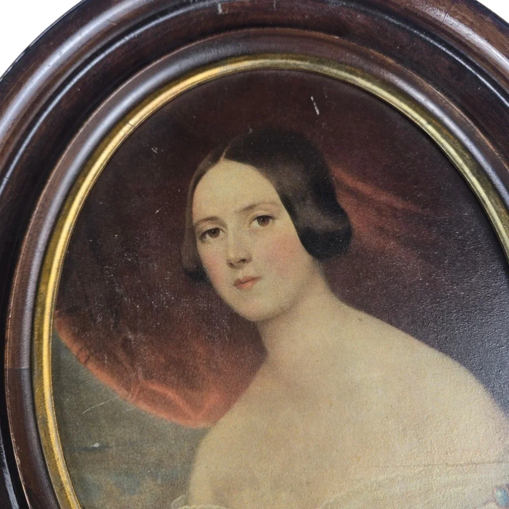 Pair Of Antique Mother And Child Oval Portraits Wooden Frame 19th‎ Century